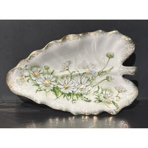 Royal Crown Daisy Bouquet Green‎ White Gold Hand Painted Leaf Dish #3191